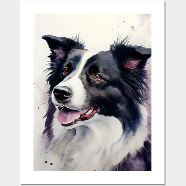 Black and White Border Collie Watercolor Portrait Wall Art by designs4days